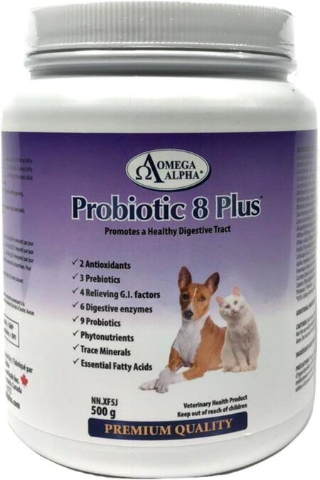 Omega Alpha Probiotic 8 Plus 500g Powder for Dogs & Cats with 8 Strains & Digestive Enzymes, Supports Balanced Gut Flora & Dietary Nutrient Absorption