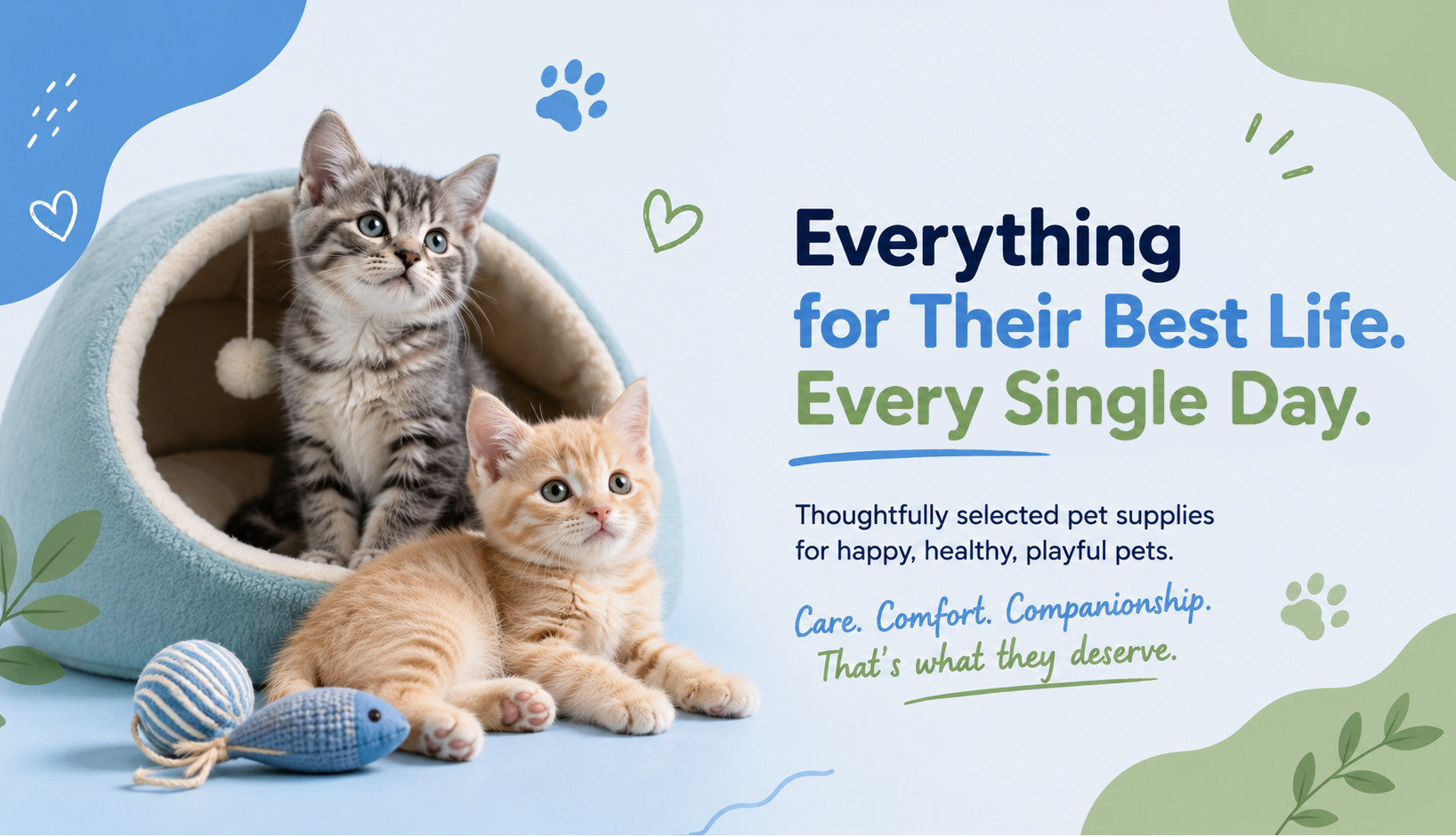 Kittens with premium pet products banner